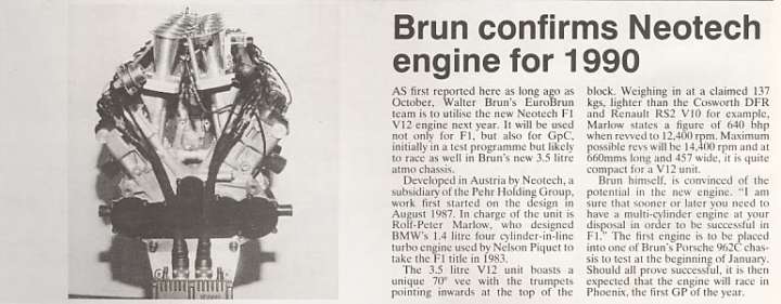 Period article about the Neotech engine and the partnership with EuroBrun and the Group C/WSC activities.